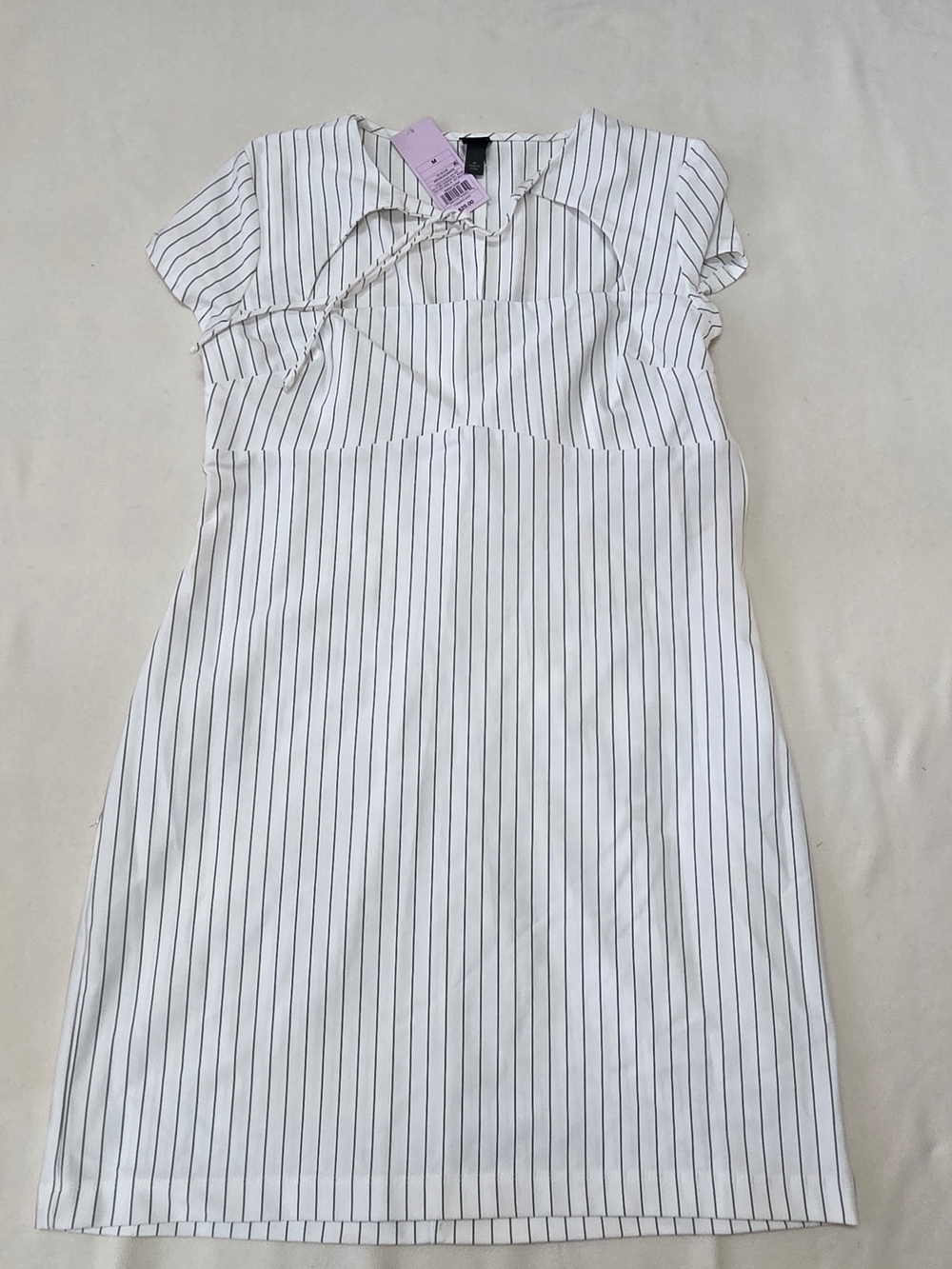 Target White Midi Dress with Black Pinstripes and Tie Neck